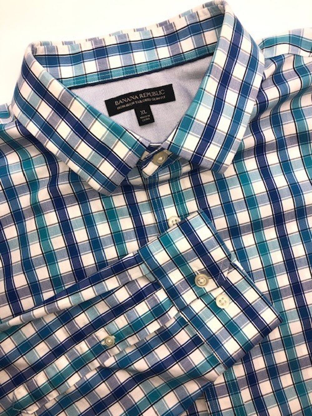 Banana Republic Tailored Slim Fit Non Iron Blue Gingham Button Down Shirt Men XL